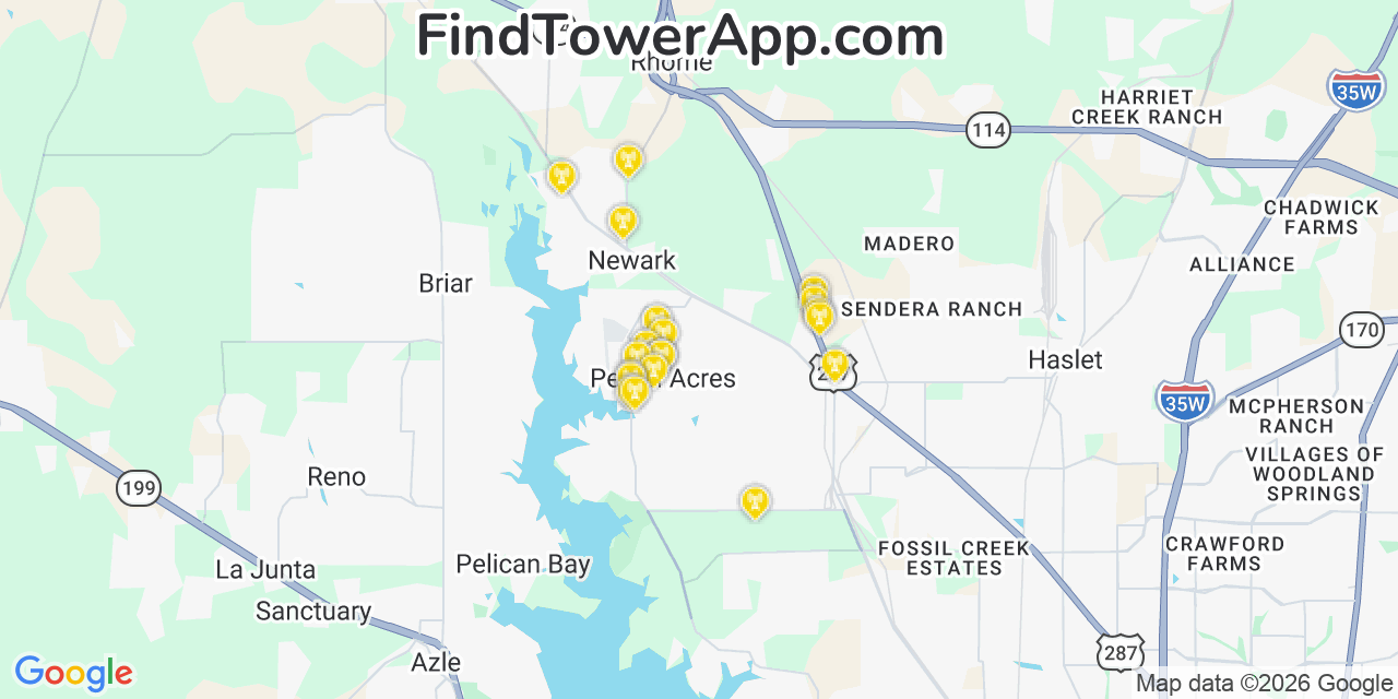 Map showing the 20 primary cell tower locations detected in Pecan Acres, Texas from AT&T, Verizon, and T-Mobile networks