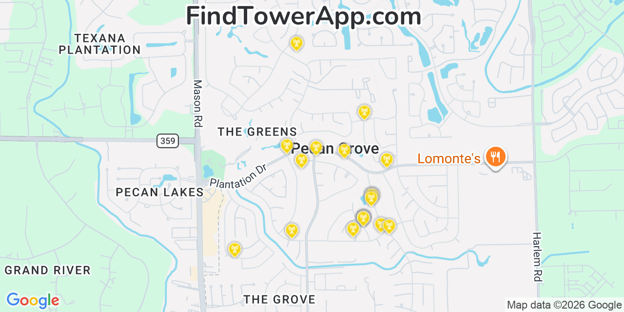Map showing the 20 primary cell tower locations detected in Pecan Grove, Texas from AT&T, Verizon, and T-Mobile networks