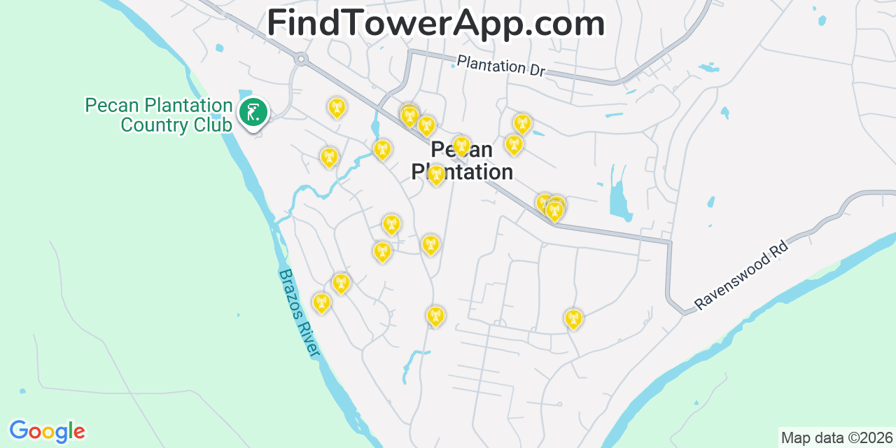 Map showing the 20 primary cell tower locations detected in Pecan Plantation, Texas from AT&T, Verizon, and T-Mobile networks
