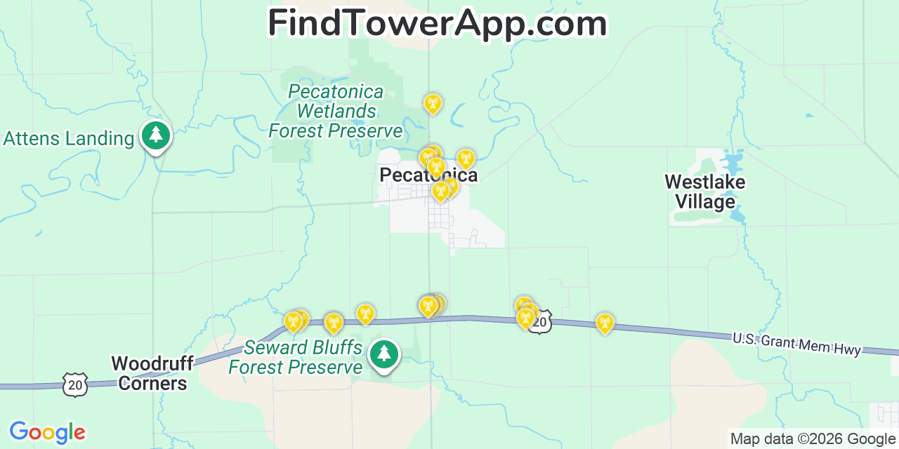 Map showing the 20 primary cell tower locations detected in Pecatonica, Illinois from AT&T, Verizon, and T-Mobile networks