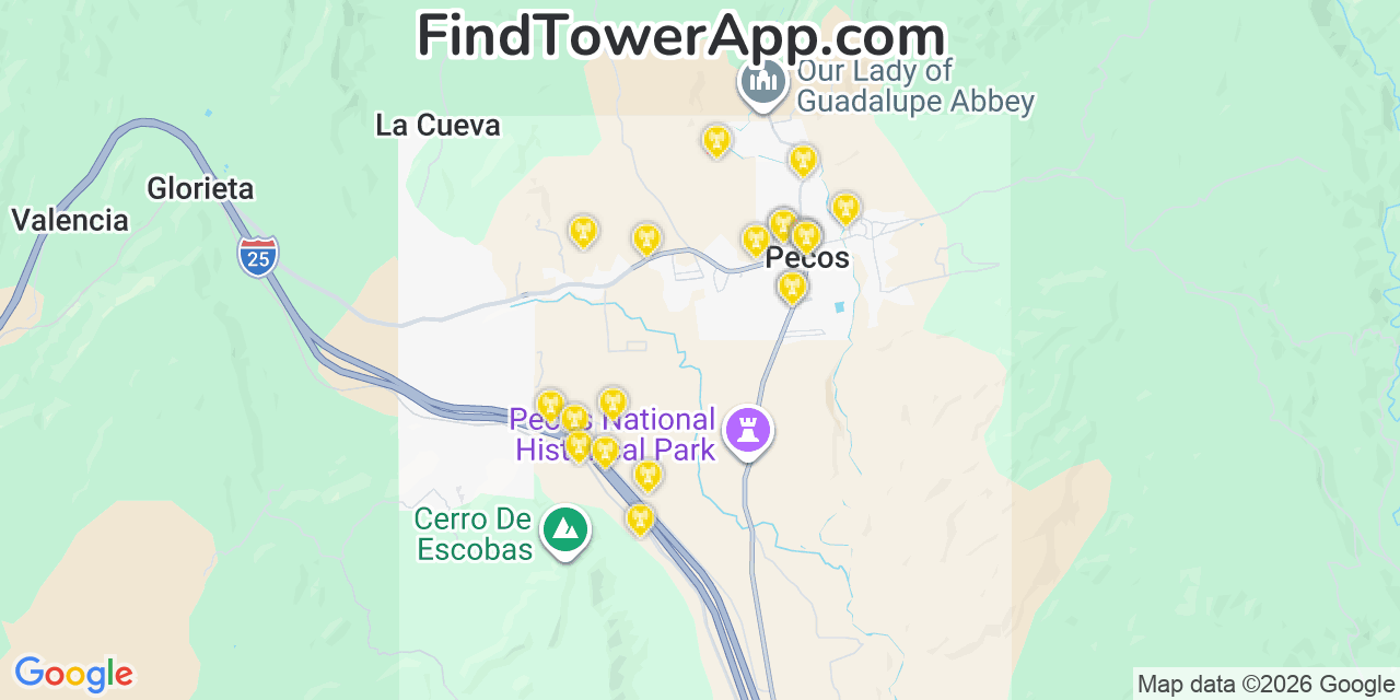 Map showing the 20 primary cell tower locations detected in Pecos, New Mexico from AT&T, Verizon, and T-Mobile networks