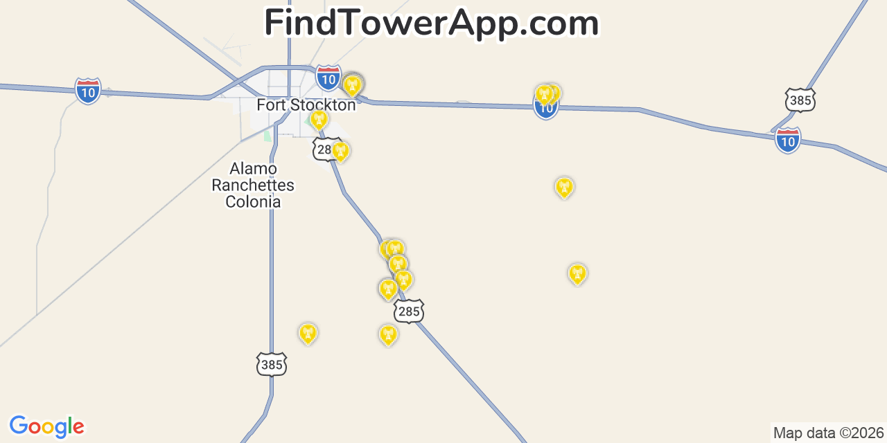 Map showing the 20 primary cell tower locations detected in Pecos, Texas from AT&T, Verizon, and T-Mobile networks