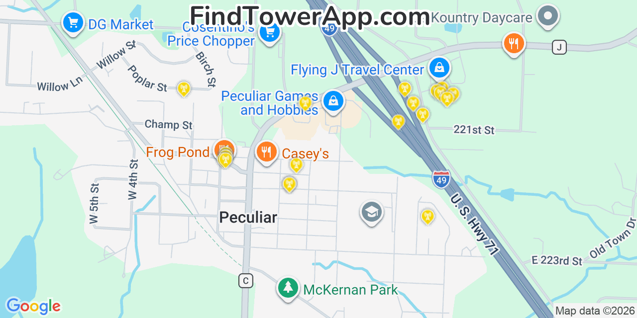 Map showing the 20 primary cell tower locations detected in Peculiar, Missouri from AT&T, Verizon, and T-Mobile networks