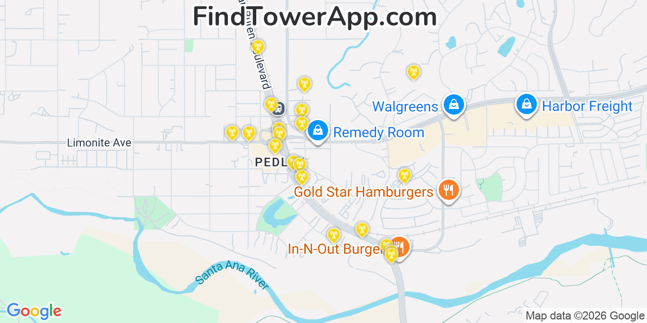 Map showing the 20 primary cell tower locations detected in Pedley, California from AT&T, Verizon, and T-Mobile networks