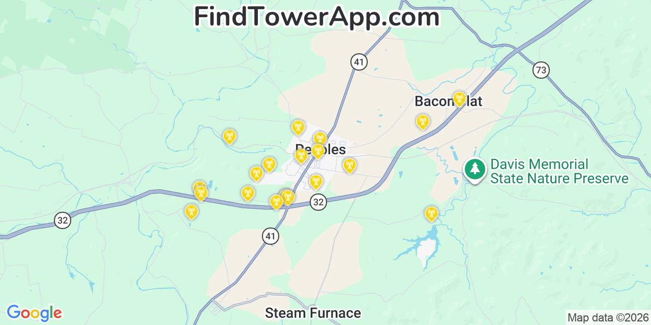 Map showing the 20 primary cell tower locations detected in Peebles, Ohio from AT&T, Verizon, and T-Mobile networks