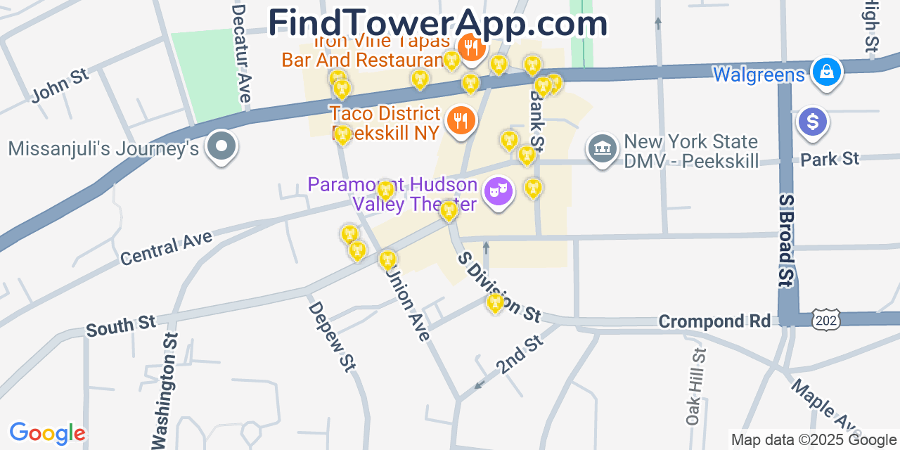 Map showing the 20 primary cell tower locations detected in Peekskill, New York from AT&T, Verizon, and T-Mobile networks