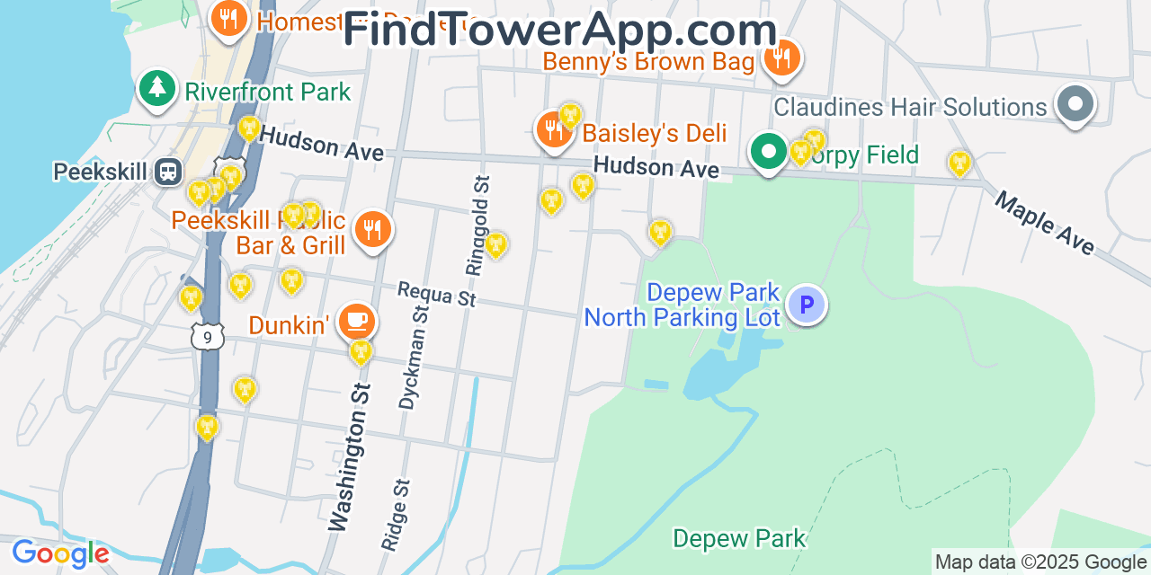 Map showing the 20 primary cell tower locations detected in Peekskill, New York from AT&T, Verizon, and T-Mobile networks