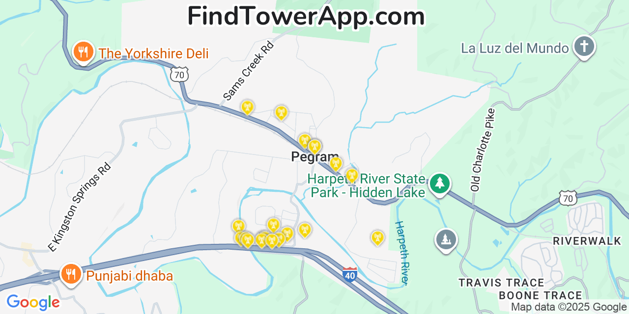 Map showing the 20 primary cell tower locations detected in Pegram, Tennessee from AT&T, Verizon, and T-Mobile networks