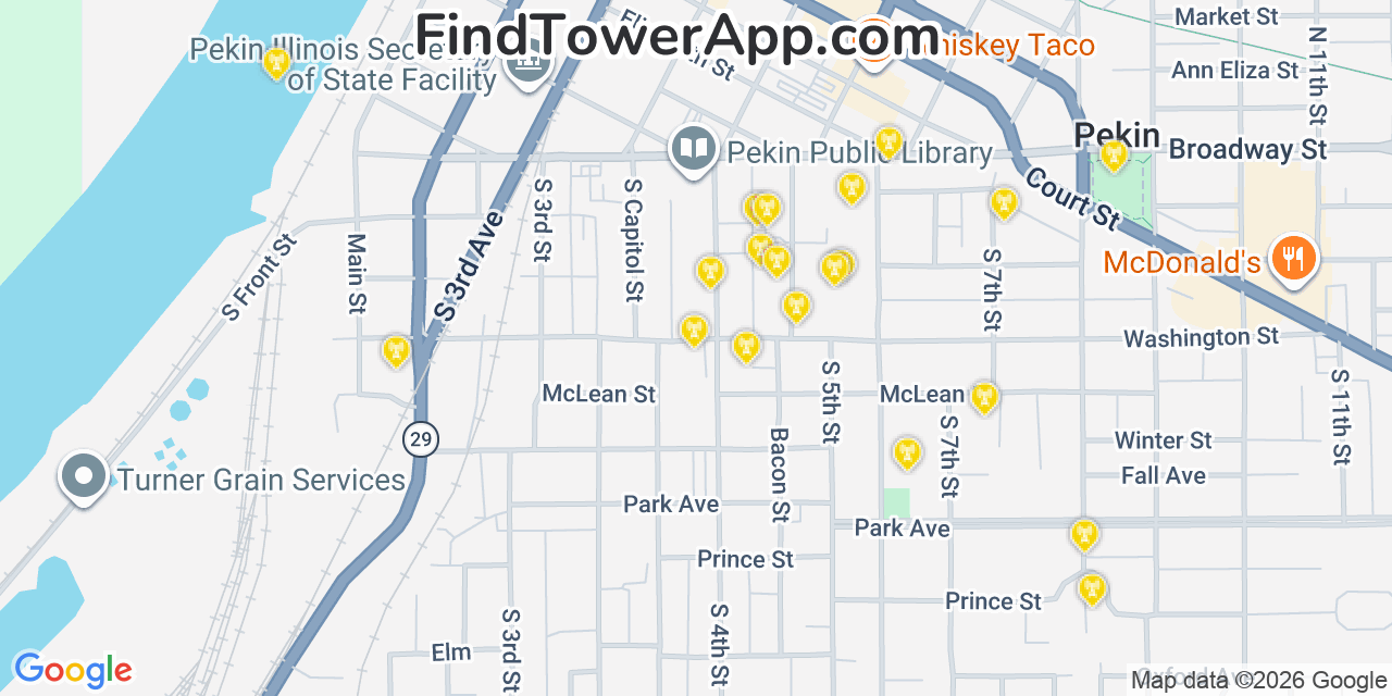 Map showing the 20 primary cell tower locations detected in Pekin, Illinois from AT&T, Verizon, and T-Mobile networks