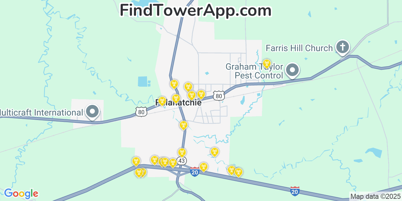 Map showing the 20 primary cell tower locations detected in Pelahatchie, Mississippi from AT&T, Verizon, and T-Mobile networks