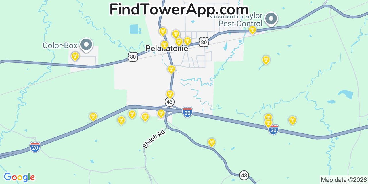 Map showing the 20 primary cell tower locations detected in Pelahatchie, Mississippi from AT&T, Verizon, and T-Mobile networks