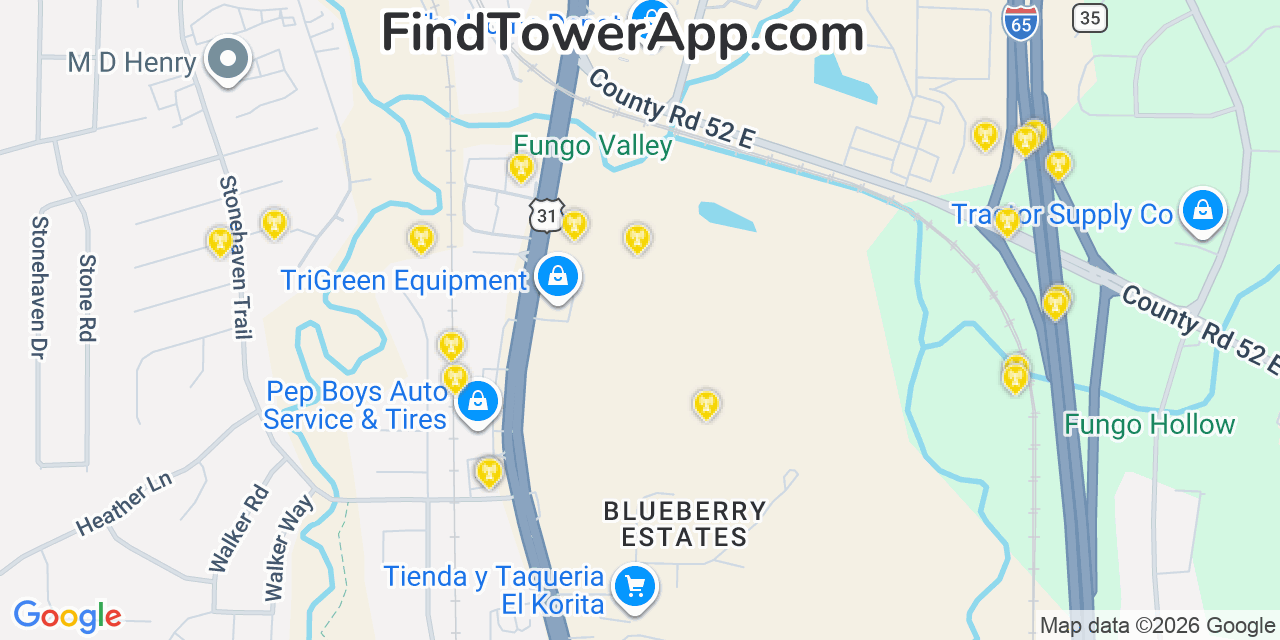 Map showing the 20 primary cell tower locations detected in Pelham, Alabama from AT&T, Verizon, and T-Mobile networks