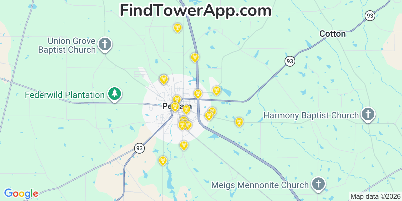 Map showing the 20 primary cell tower locations detected in Pelham, Georgia from AT&T, Verizon, and T-Mobile networks