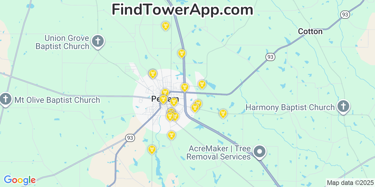 Map showing the 20 primary Mobitel cell tower locations detected in Pelham, Georgia with coverage radius and signal strength indicators
