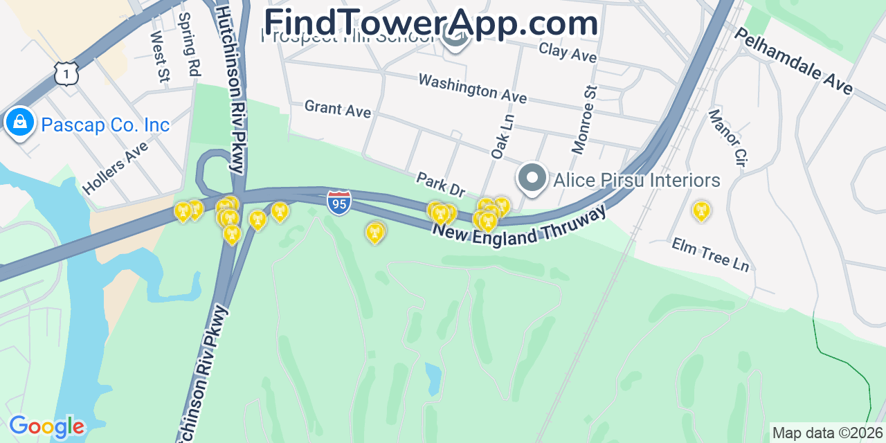 Map showing the 20 primary cell tower locations detected in Pelham Manor, New York from AT&T, Verizon, and T-Mobile networks