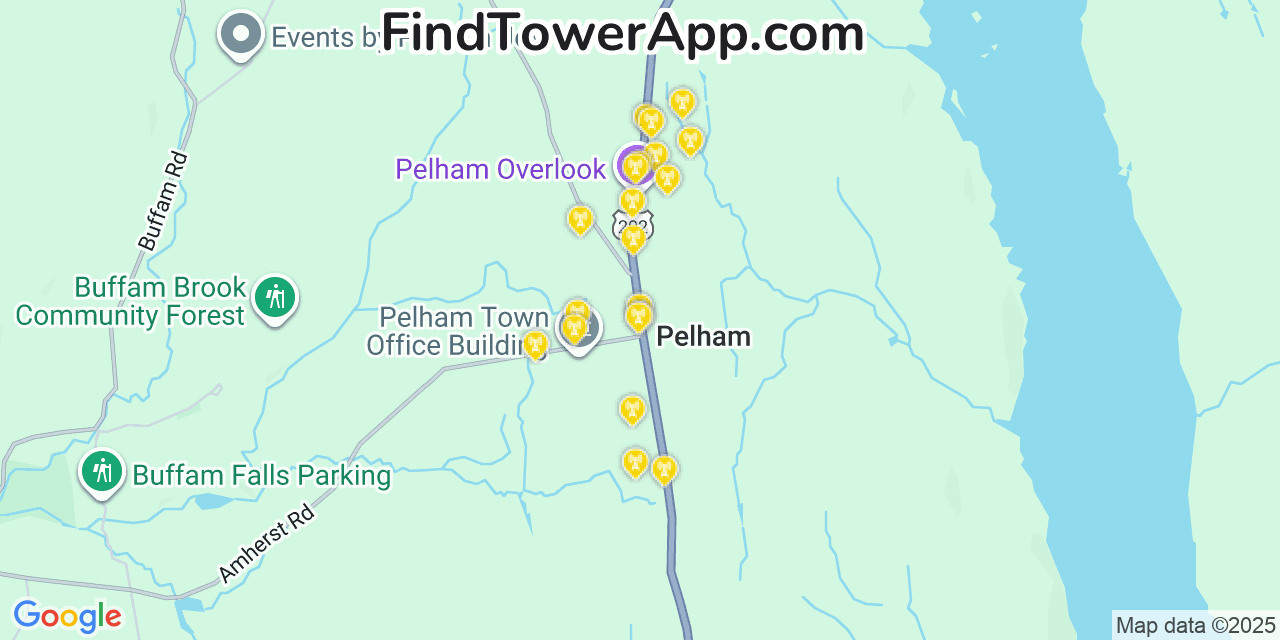 Map showing the 20 primary cell tower locations detected in Pelham, Massachusetts from AT&T, Verizon, and T-Mobile networks