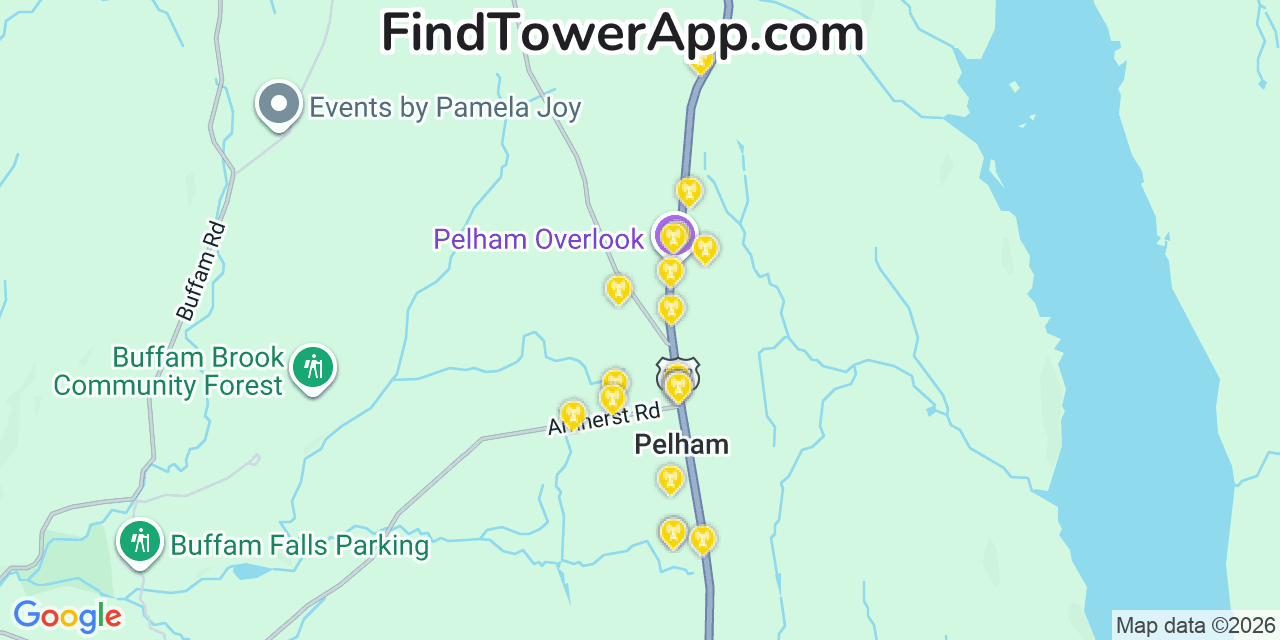 Map showing the 20 primary cell tower locations detected in Pelham, Massachusetts from AT&T, Verizon, and T-Mobile networks