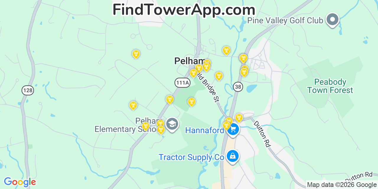 Map showing the 20 primary cell tower locations detected in Pelham, New Hampshire from AT&T, Verizon, and T-Mobile networks