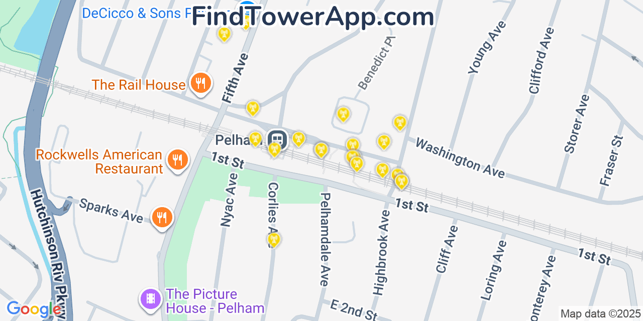 Map showing the 20 primary cell tower locations detected in Pelham, New York from AT&T, Verizon, and T-Mobile networks