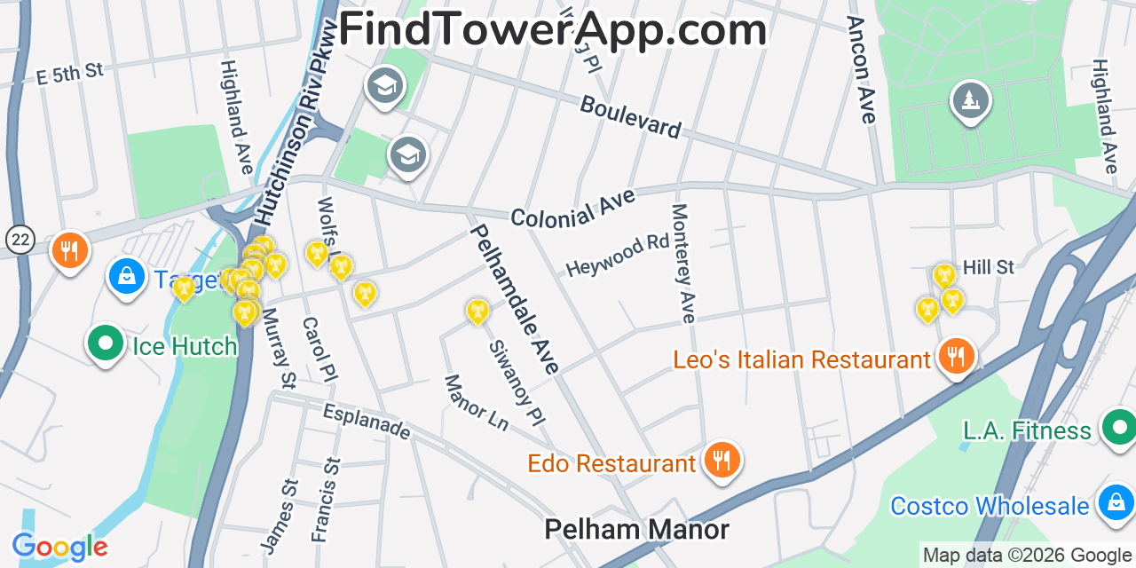 Map showing the 20 primary cell tower locations detected in Pelham, New York from AT&T, Verizon, and T-Mobile networks