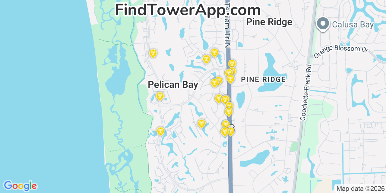 Map showing the 20 primary cell tower locations detected in Pelican Bay, Florida from AT&T, Verizon, and T-Mobile networks