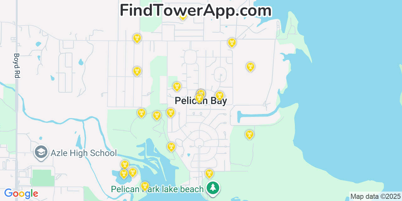 Map showing the 20 primary cell tower locations detected in Pelican Bay, Texas from AT&T, Verizon, and T-Mobile networks