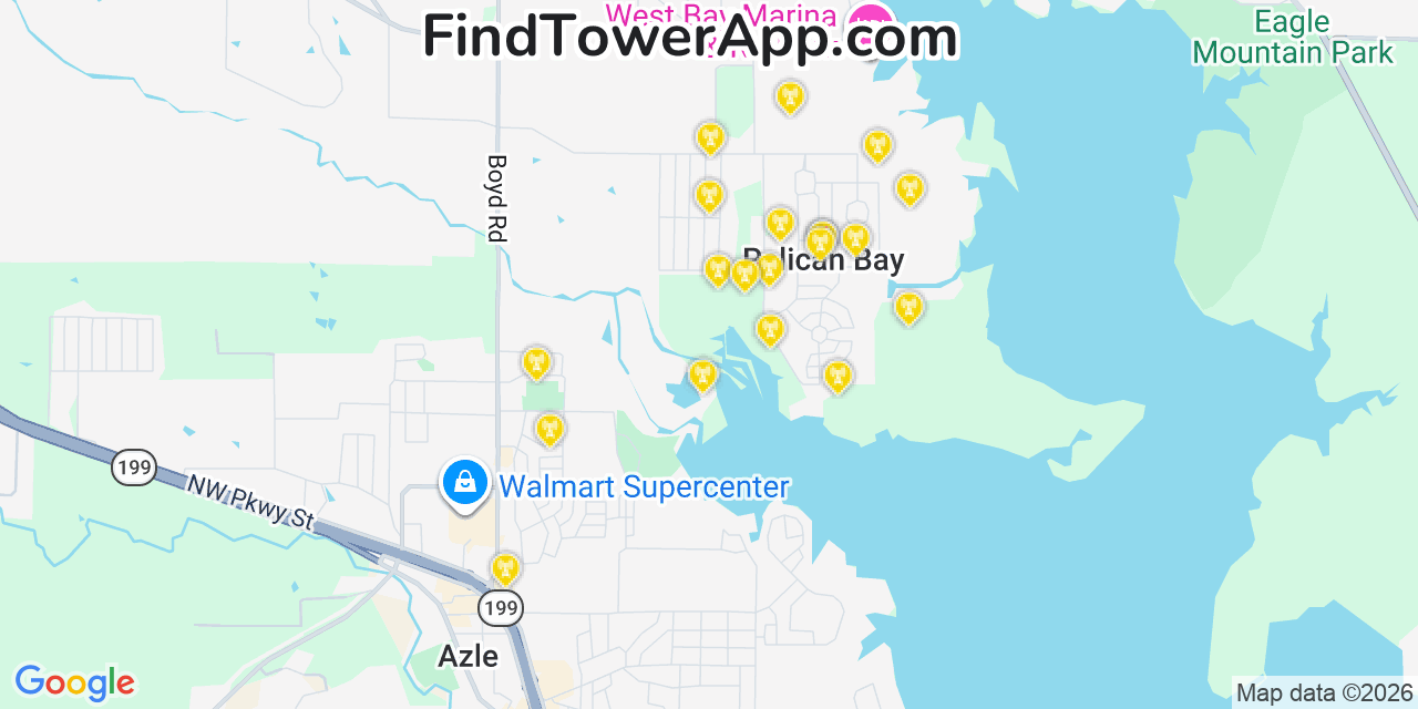 Map showing the 20 primary cell tower locations detected in Pelican Bay, Texas from AT&T, Verizon, and T-Mobile networks