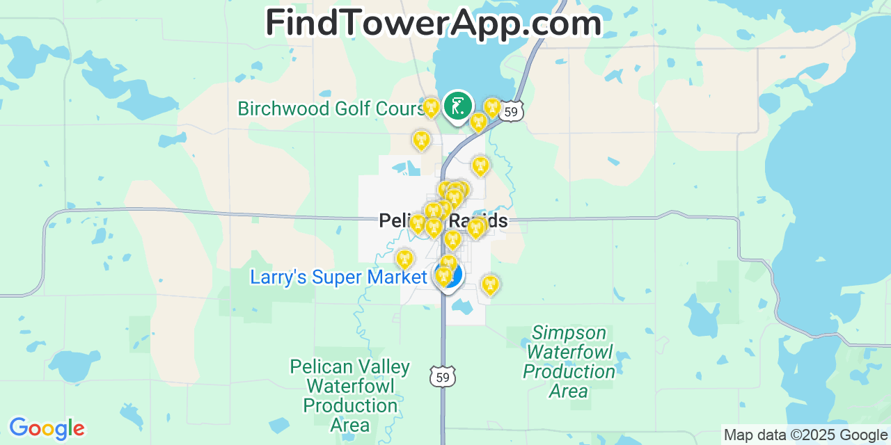 Map showing the 20 primary cell tower locations detected in Pelican Rapids, Minnesota from AT&T, Verizon, and T-Mobile networks