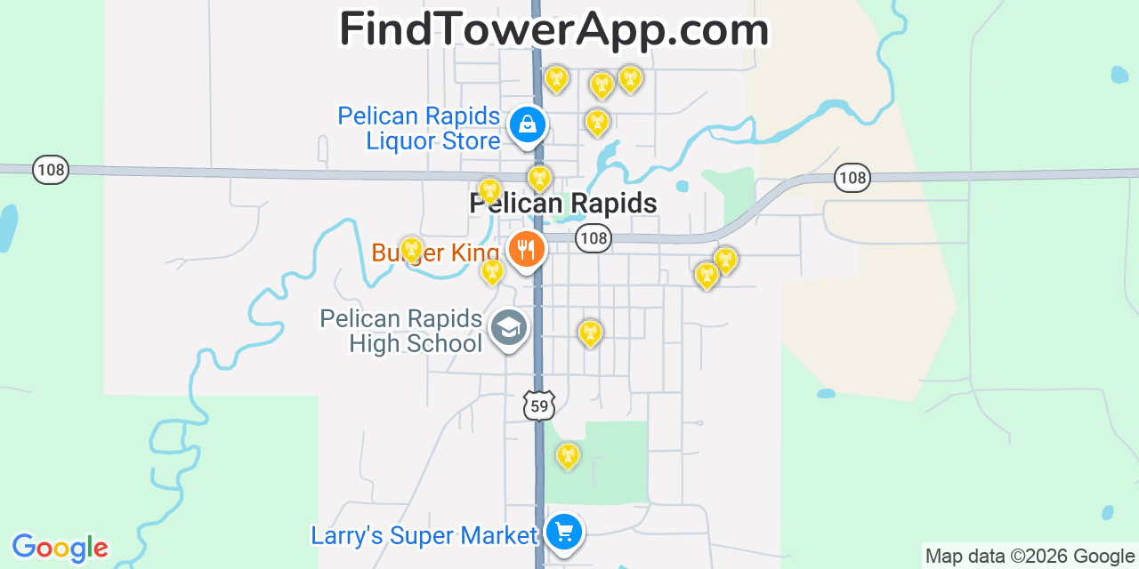 Map showing the 20 primary cell tower locations detected in Pelican Rapids, Minnesota from AT&T, Verizon, and T-Mobile networks