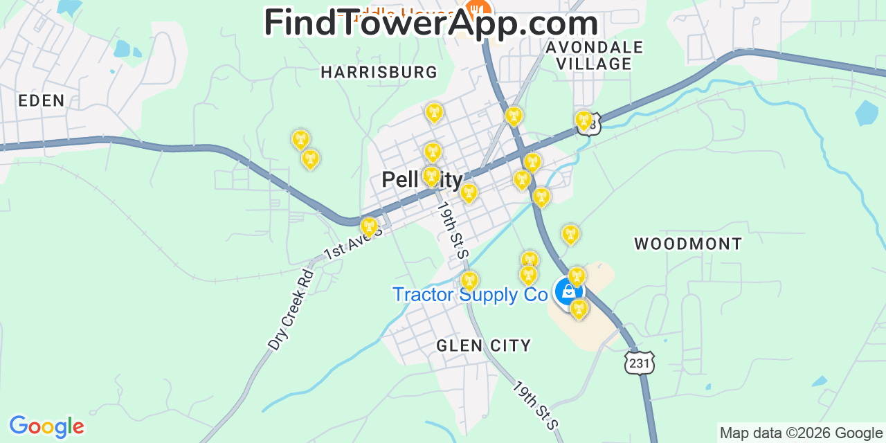 Map showing the 20 primary cell tower locations detected in Pell City, Alabama from AT&T, Verizon, and T-Mobile networks