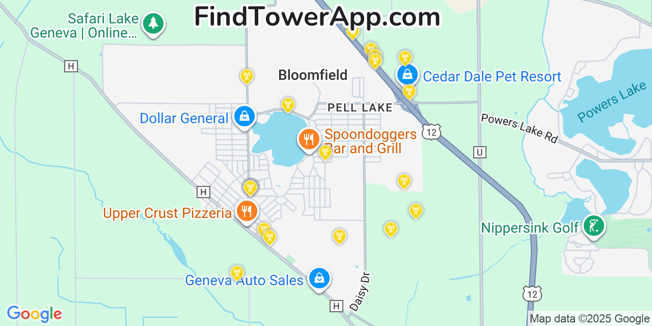 Map showing the 20 primary cell tower locations detected in Pell Lake, Wisconsin from AT&T, Verizon, and T-Mobile networks