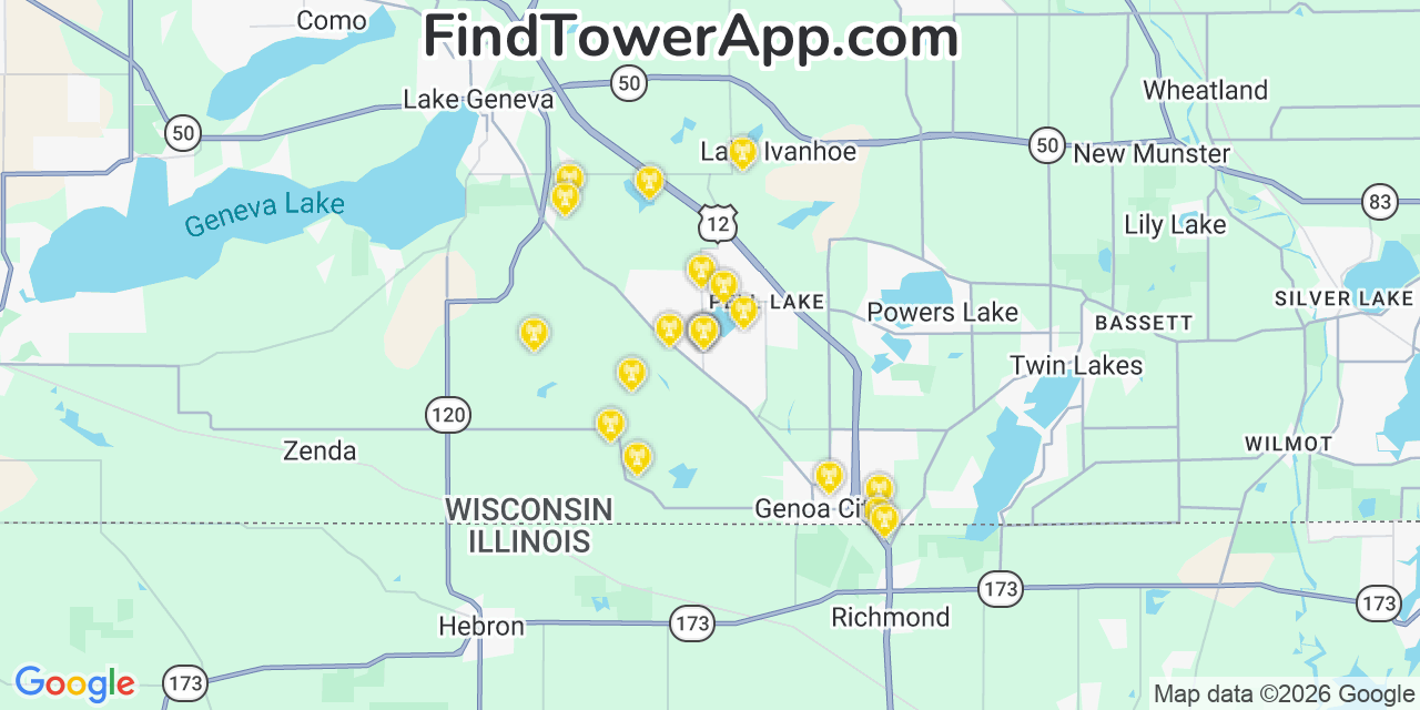 Map showing the 20 primary cell tower locations detected in Pell Lake, Wisconsin from AT&T, Verizon, and T-Mobile networks