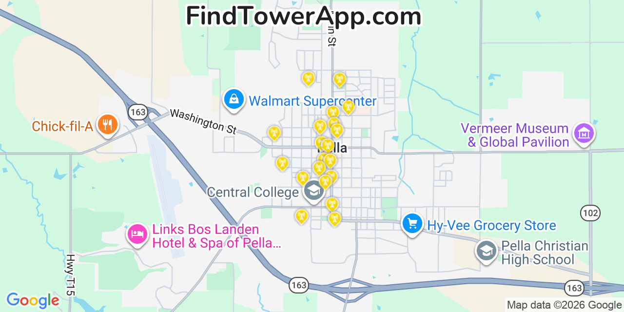 Map showing the 20 primary cell tower locations detected in Pella, Iowa from AT&T, Verizon, and T-Mobile networks