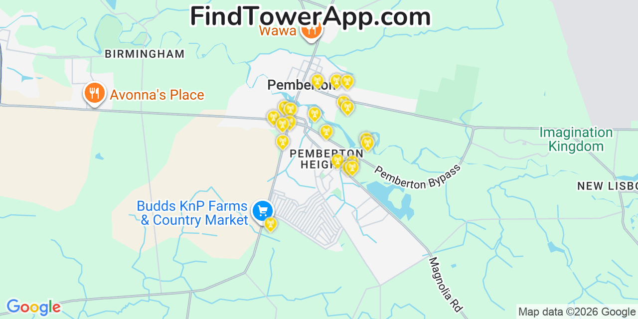 Map showing the 20 primary cell tower locations detected in Pemberton Heights, New Jersey from AT&T, Verizon, and T-Mobile networks