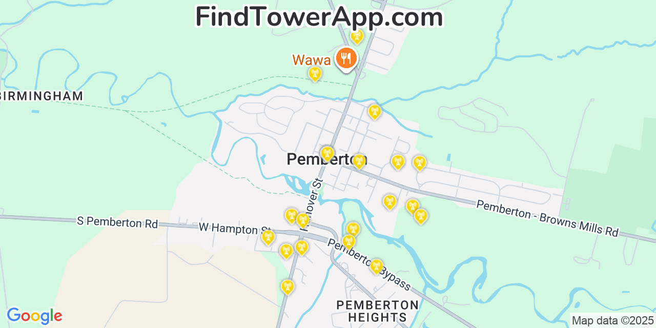 Map showing the 20 primary cell tower locations detected in Pemberton, New Jersey from AT&T, Verizon, and T-Mobile networks