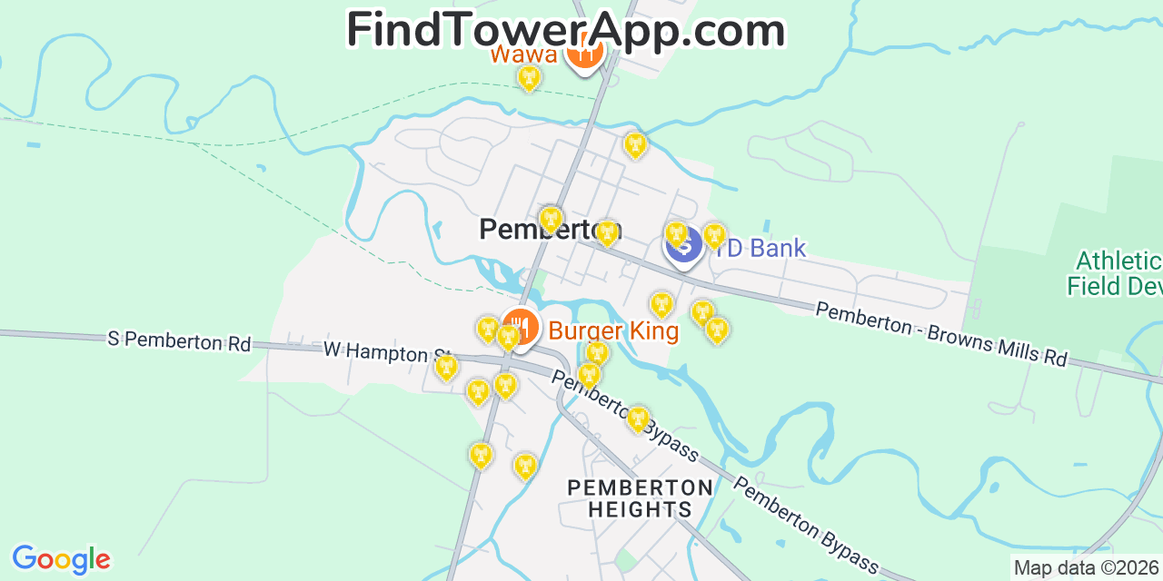 Map showing the 20 primary cell tower locations detected in Pemberton, New Jersey from AT&T, Verizon, and T-Mobile networks