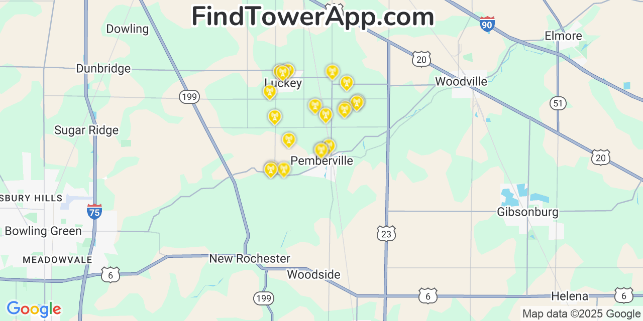 Map showing the 20 primary cell tower locations detected in Pemberville, Ohio from AT&T, Verizon, and T-Mobile networks