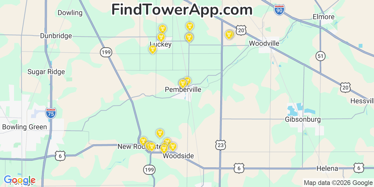 Map showing the 20 primary cell tower locations detected in Pemberville, Ohio from AT&T, Verizon, and T-Mobile networks