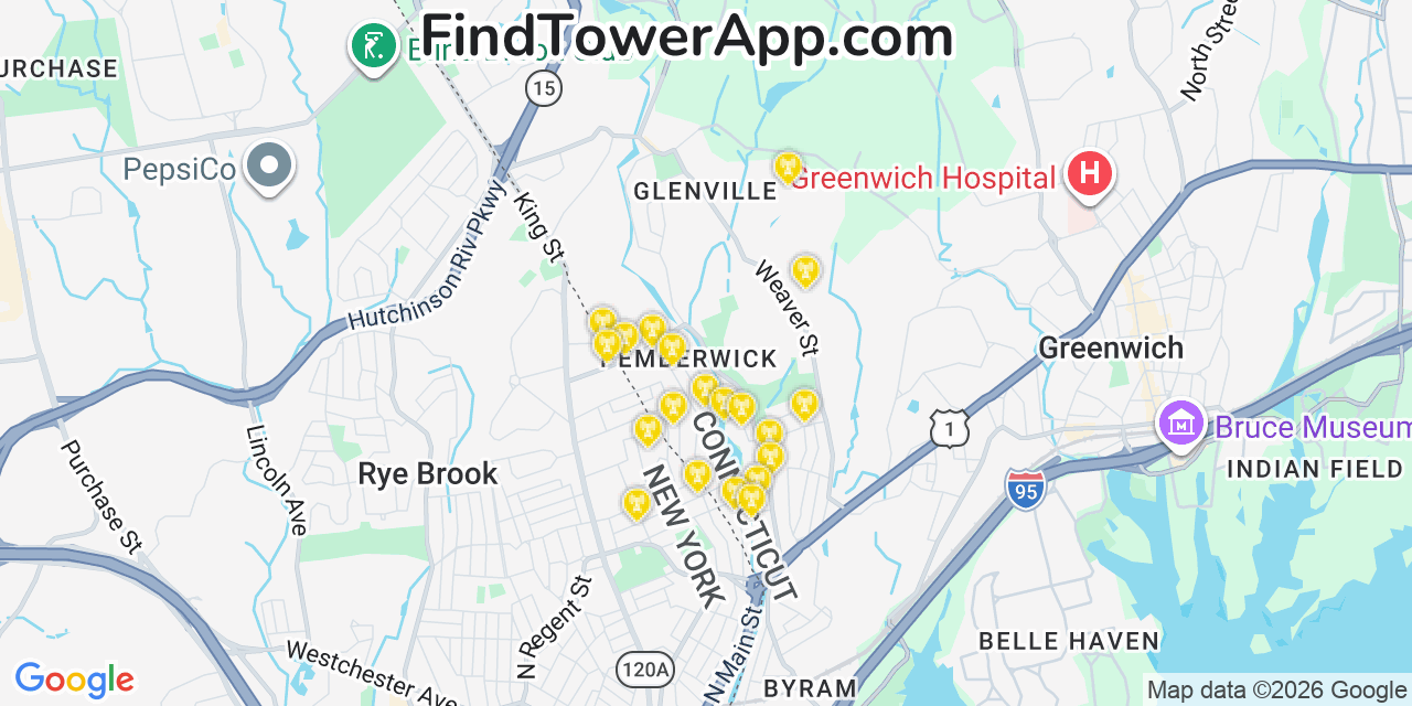 Map showing the 20 primary cell tower locations detected in Pemberwick, Connecticut from AT&T, Verizon, and T-Mobile networks