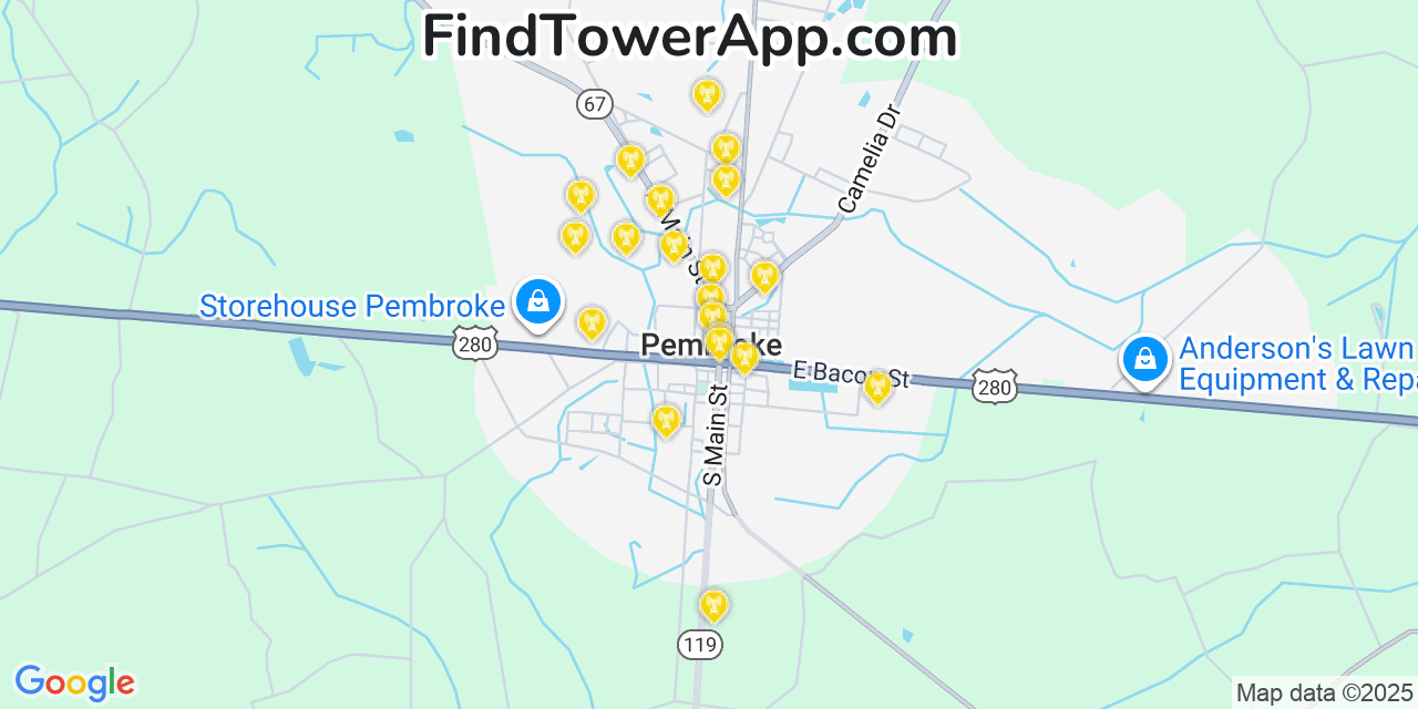 Map showing the 20 primary cell tower locations detected in Pembroke, Georgia from AT&T, Verizon, and T-Mobile networks