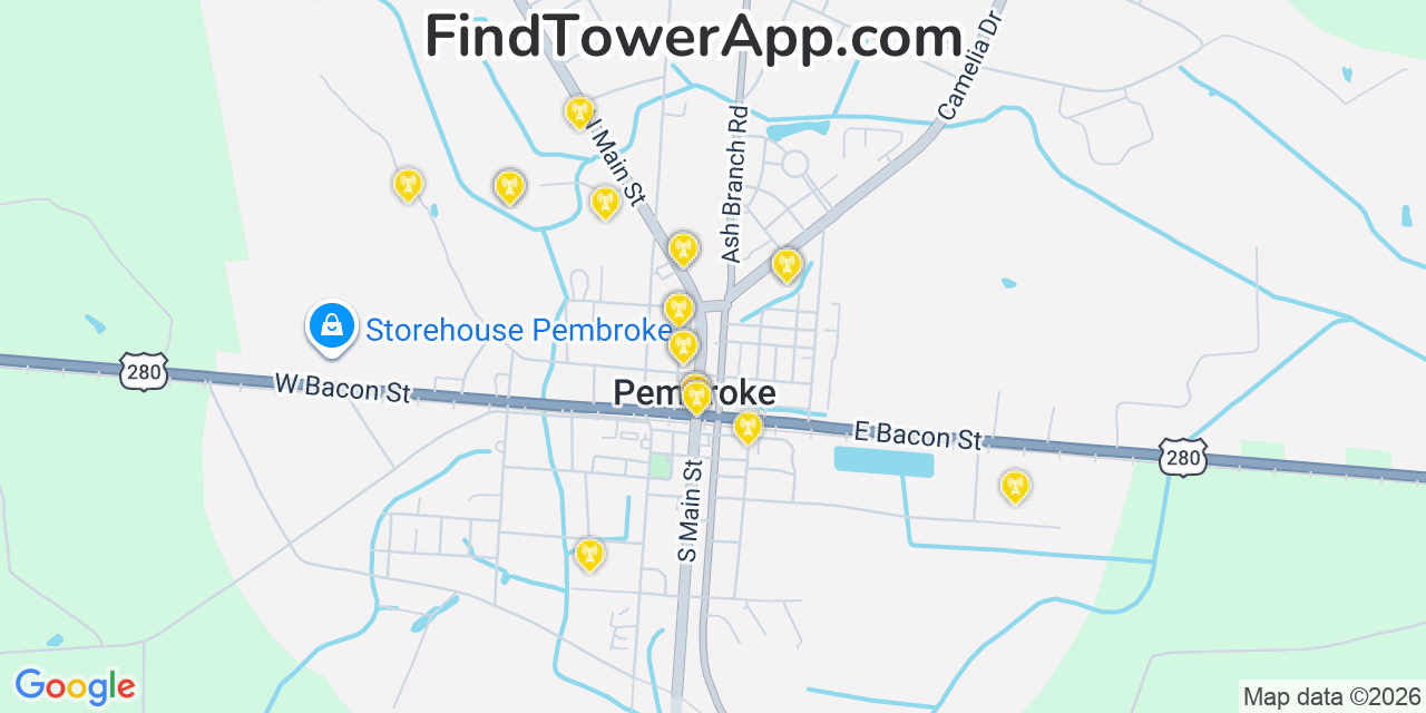 Map showing the 20 primary cell tower locations detected in Pembroke, Georgia from AT&T, Verizon, and T-Mobile networks