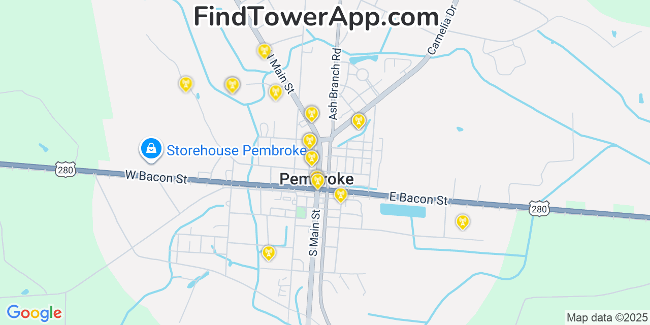 Map showing the 20 primary Mobitel cell tower locations detected in Pembroke, Georgia with coverage radius and signal strength indicators