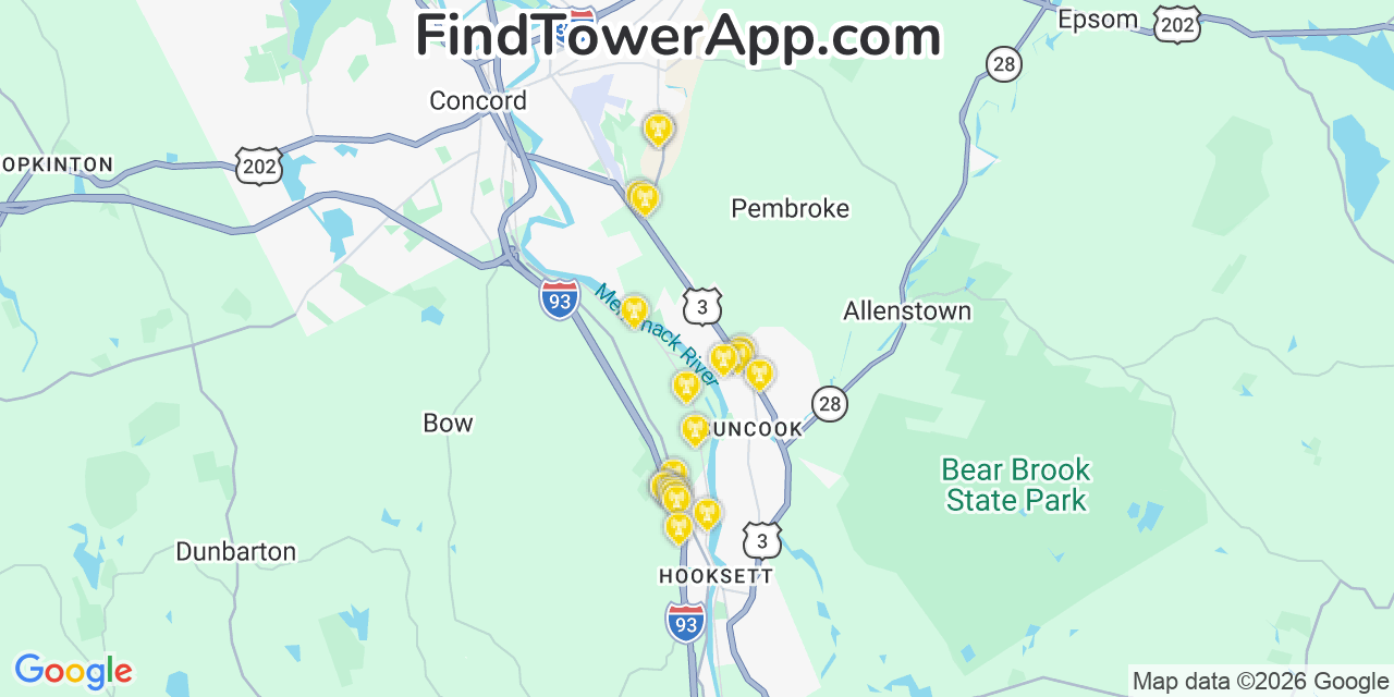 Map showing the 20 primary cell tower locations detected in Pembroke, New Hampshire from AT&T, Verizon, and T-Mobile networks