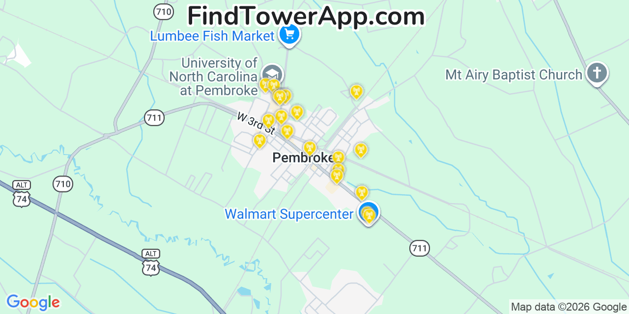 Map showing the 20 primary cell tower locations detected in Pembroke, North Carolina from AT&T, Verizon, and T-Mobile networks