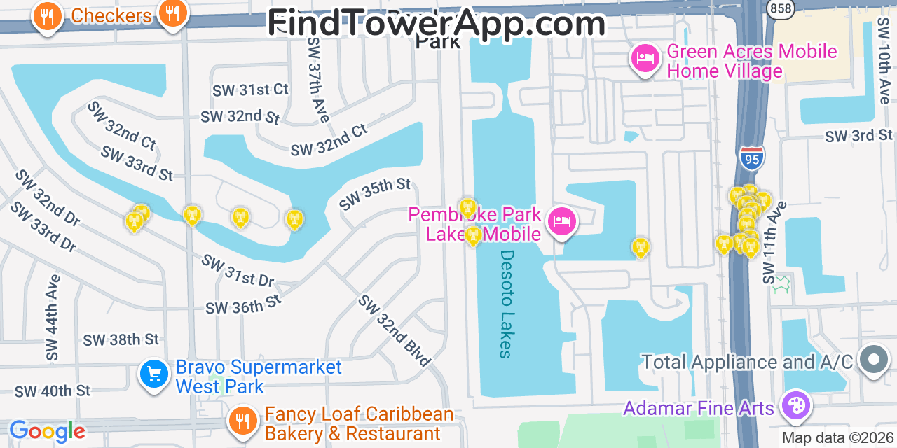 Map showing the 20 primary cell tower locations detected in Pembroke Park, Florida from AT&T, Verizon, and T-Mobile networks