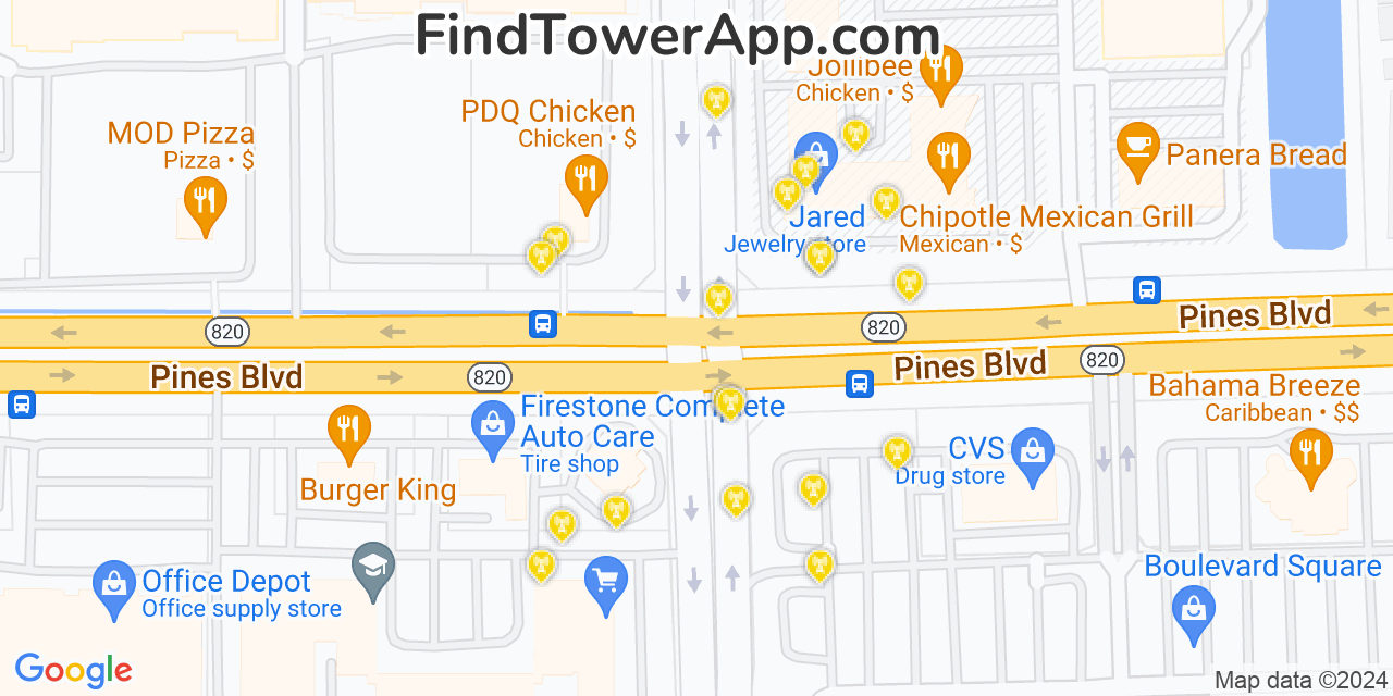 AT&T 4G/5G cell tower coverage map Pembroke Pines, Florida