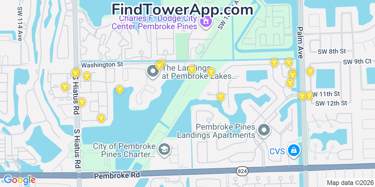 Map showing the 20 primary cell tower locations detected in Pembroke Pines, Florida from AT&T, Verizon, and T-Mobile networks