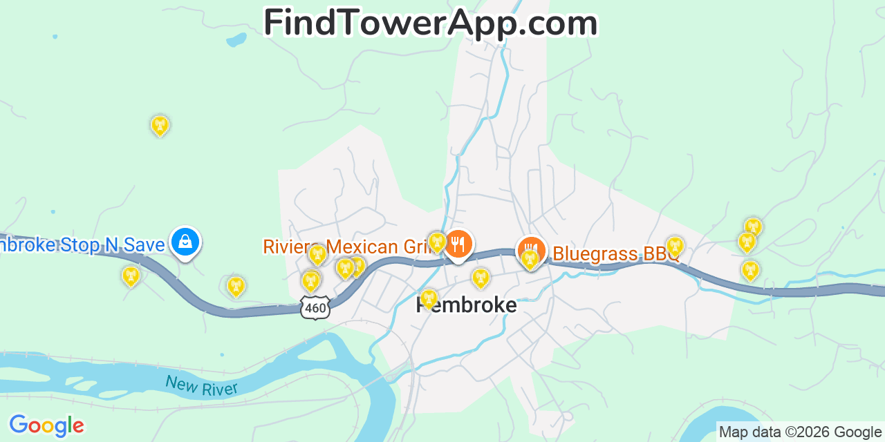 Map showing the 20 primary cell tower locations detected in Pembroke, Virginia from AT&T, Verizon, and T-Mobile networks