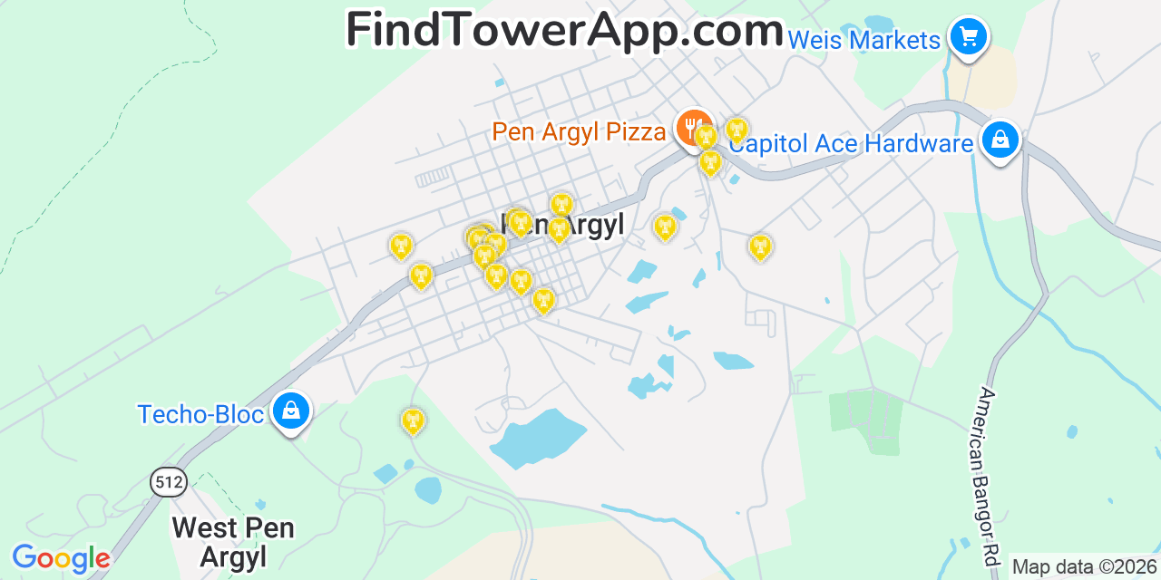 Map showing the 20 primary cell tower locations detected in Pen Argyl, Pennsylvania from AT&T, Verizon, and T-Mobile networks