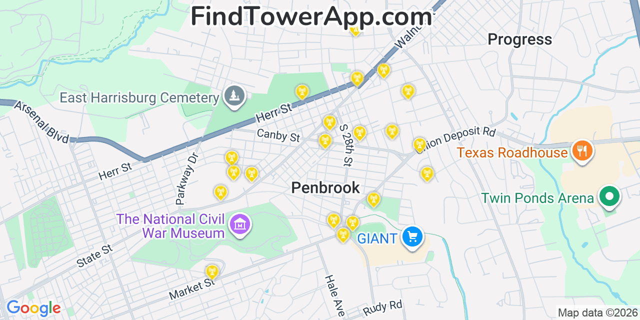 Map showing the 20 primary cell tower locations detected in Penbrook, Pennsylvania from AT&T, Verizon, and T-Mobile networks